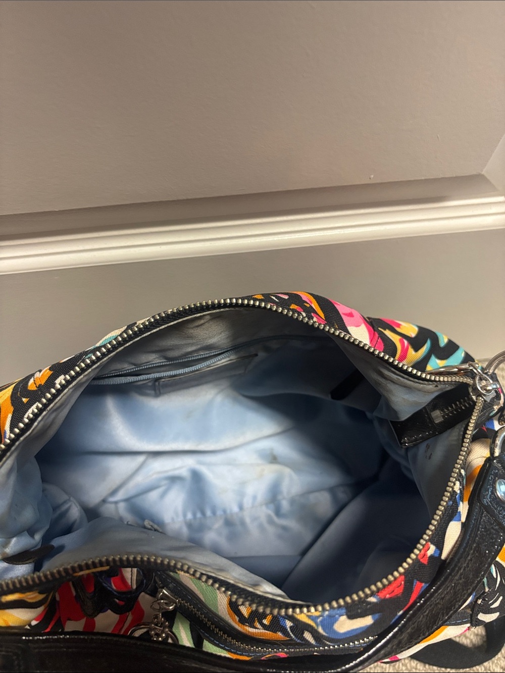 Coach Multicolor Floral Canvas Shoulder Bag with Black Trim - Picture 6 of 7